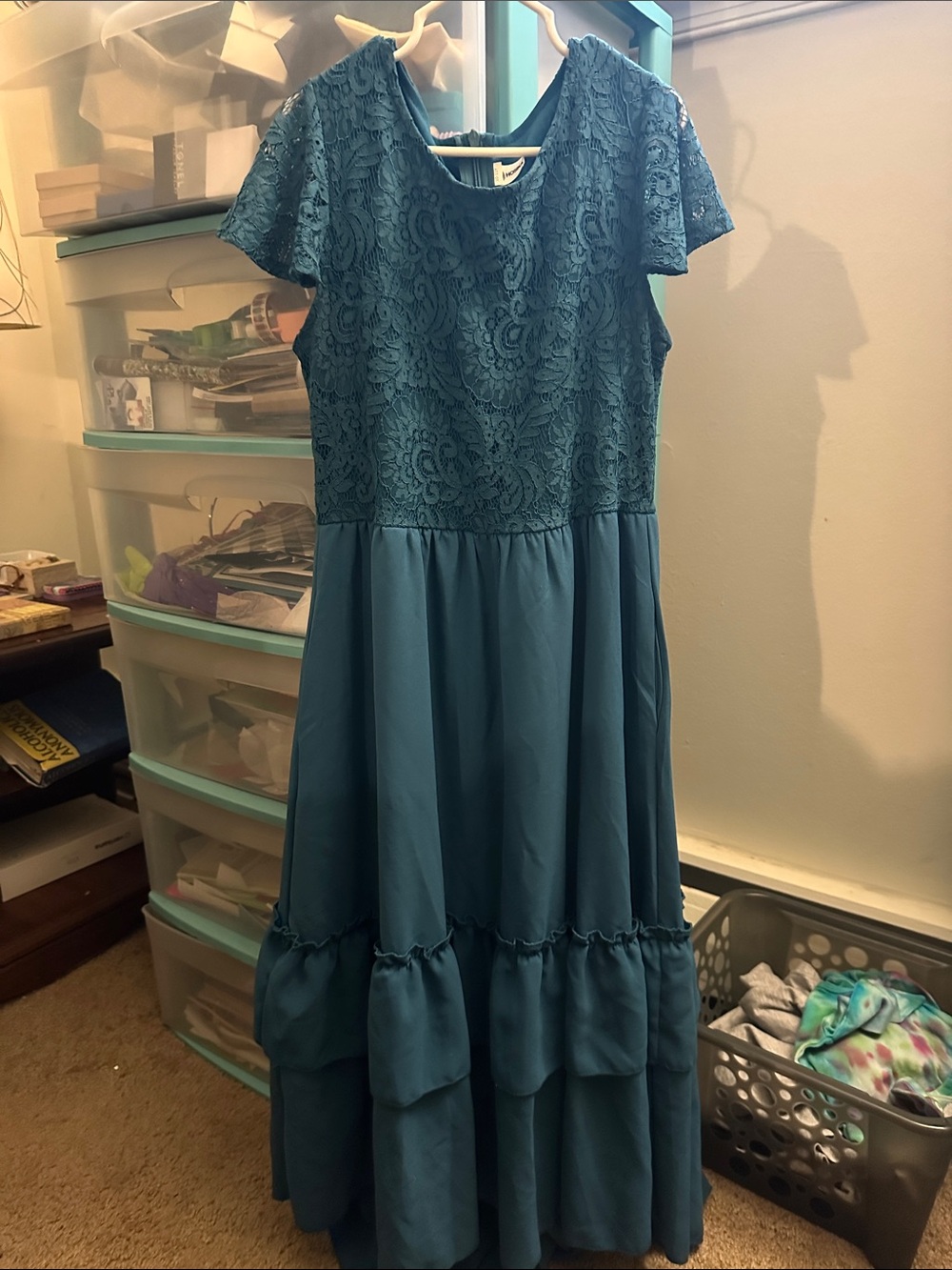 Sika Teal Lace Bodice Ruffle-Tiered Formal Dress